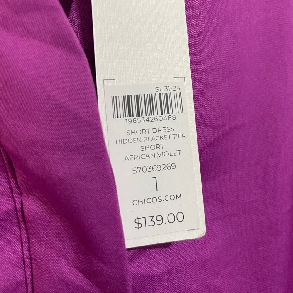 NWT Chicos size 1 (US size 8) Tiered Mini Dress African violet colorway - Picture 3 of 5